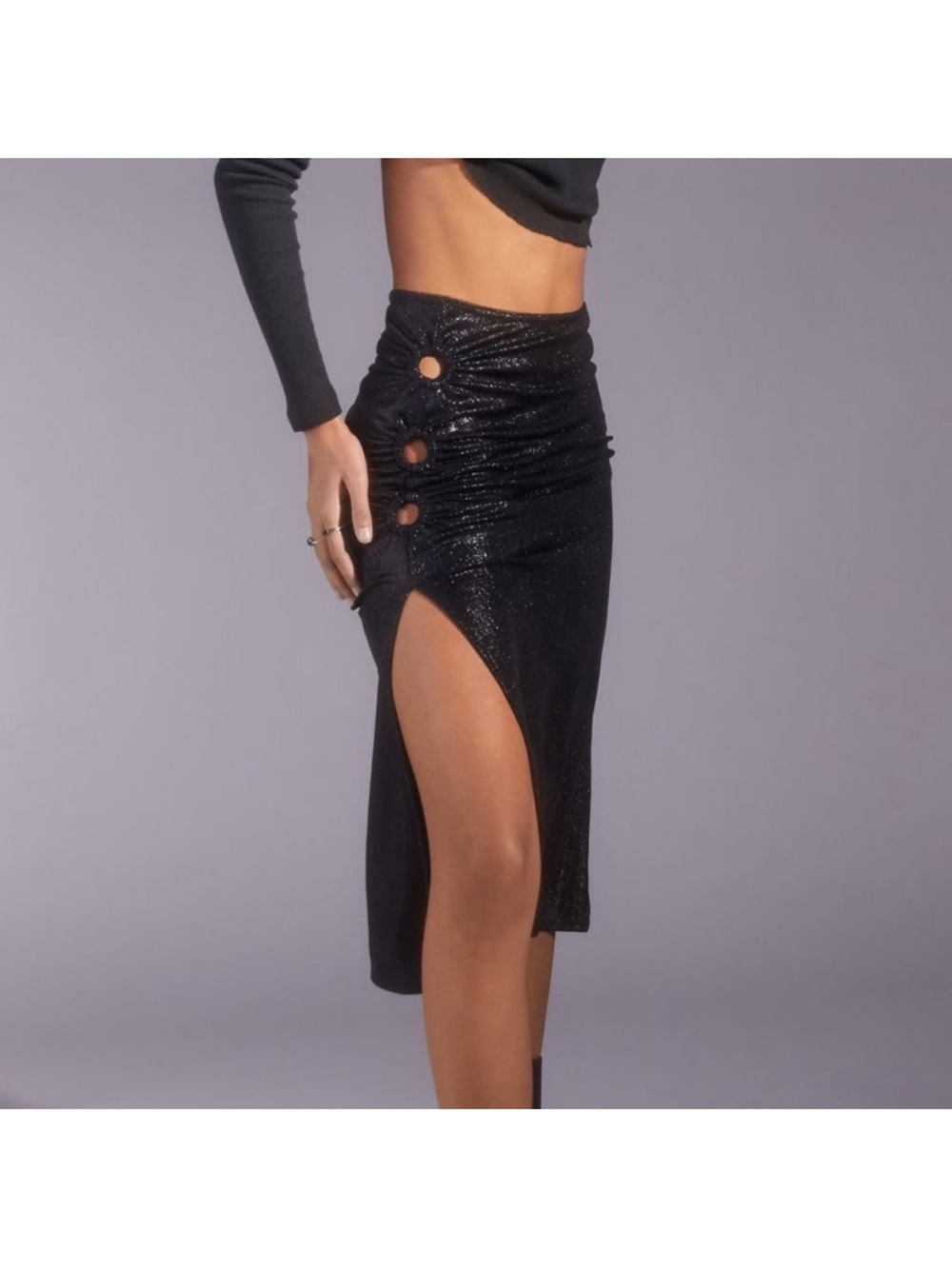 NWT urban outfitters Black High-Slit Ruched Midi Skirt with keyholes